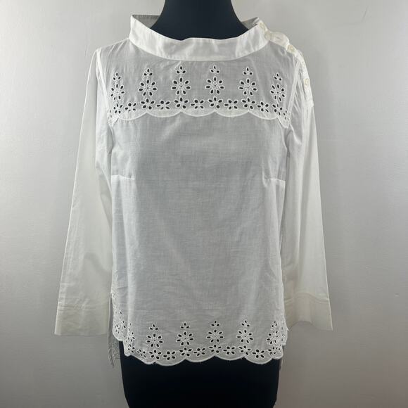 J.Crew White Tunic Top Cotton Scalloped Eyelet Funnel Neck High Low Hem Size 2 - Picture 2 of 14